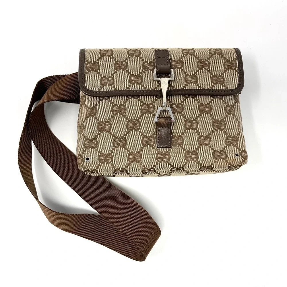 Gucci Jackie GG Logo Monogram Belt Bum Waist Bag Crossbody Purse Brown Canvas